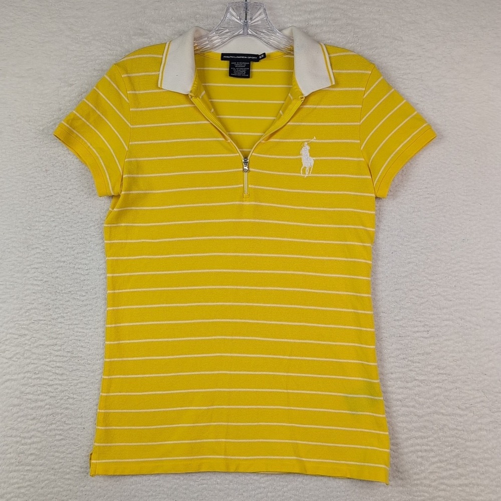 Ralph Lauren Sport Polo Shirt Women's Medium 1/4 Zip Yellow Striped Big Pony